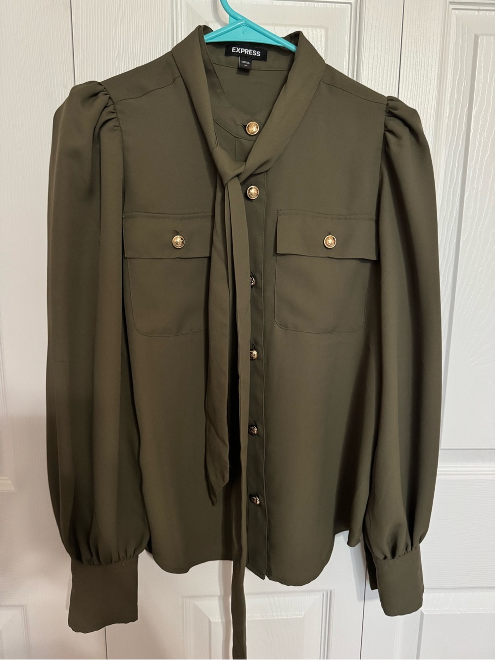 Express Olive Green Tie-Neck relaxed balloon sleeve Blouse with Gold Buttons